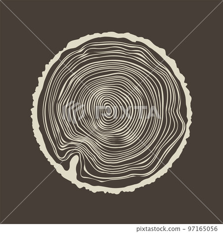 Round tree trunk cut, sawn pine or oak slice. Saw cut timber, wood. Brown wooden texture with tree rings. Hand drawn sketch. Vector illustration Round tree trunk cut, sawn pine or oak slice. Saw cut timber, wood. Brown wooden texture with tree rings. Hand drawn sketch. Vector illustration 97165056