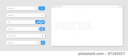 Blank internet browser window with various search bar templates. Web site engine with search box, address bar and text field. UI design, website interface elements. Vector illustration 97165057