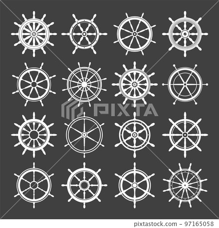 Collection of white vintage steering wheels. Ship, yacht retro wheel symbol. Nautical rudder icon. Marine design element. Vector illustration 97165058