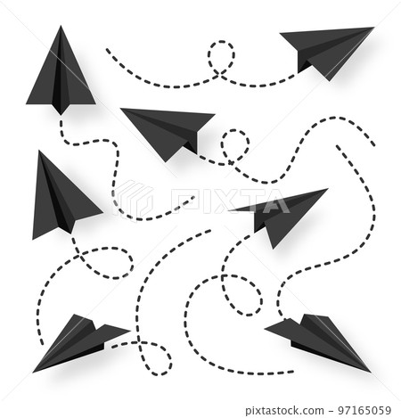 Various realistic black paper planes collection. Handmade origami aircraft with dotted doodle route line. Business concept element, project startup and goal achievement. Vector illustration 97165059