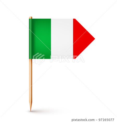 Realistic Italian toothpick flag. Souvenir from Italy. Wooden toothpick with paper flag. Location mark, map pointer. Blank mockup for advertising and promotions. Vector illustration 97165077