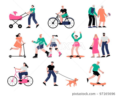 People summer walk on street. Young adults on scooter and skateboard, adults and senior persons. Dog walking, couple and teens sapid vector characters 97165696