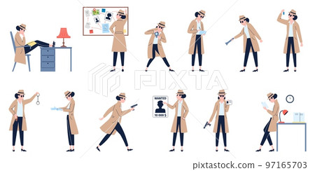 Female detective cartoon characters. Spy mysterious detectives, woman detecting crime, mystery investigation. Recent vector inspector at work set 97165703