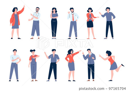 Young people point on something, show direction. Isolated characters hand and finger up, pointing and showing. Recent vector business person set Young people point on something, show direction. Isolated characters hand and finger up, pointing and showing. Recent vector business person set 97165704