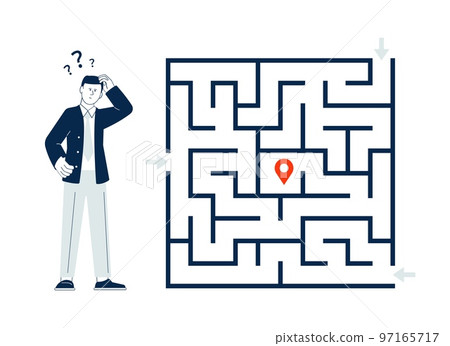 Businessman solves problem. Thoughtful man and complex labyrinth, search for solutions. Student or entrepreneur, flat maze game vector scene Businessman solves problem. Thoughtful man and complex labyrinth, search for solutions. Student or entrepreneur, flat maze game vector scene 97165717