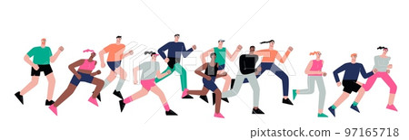 People running marathon. Runner race, isolated jogging international crowd. Creative run challenge, athletic lifestyle sapid vector characters 97165718