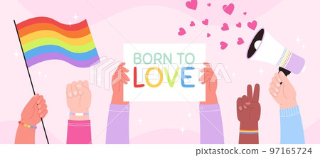 Lgbtq love parade support banner. Trans gay community pride flags. Transgender people, lgbt month. Hands hold rainbow racy vector elements Lgbtq love parade support banner. Trans gay community pride flags. Transgender people, lgbt month. Hands hold rainbow racy vector elements 97165724