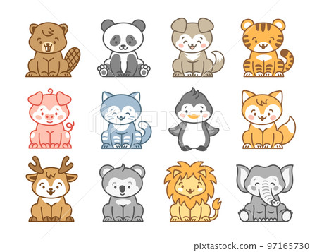 Kawaii zoo animals. Isolated lion, cartoon cat and puppy. Pastel emoticon cute wild animal. Baby mascot koala and penguin, tidy vector kit 97165730