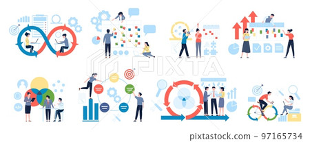 Agile strategy, quality and development. Effective management, productivity work and deadline. Business plan and workflow, recent vector scenes 97165734