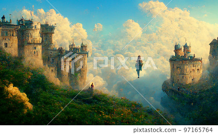 Painting style illustration castle fort night sky galaxy adventurer 97165764
