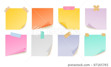 Color notes paper sheets on adhesive tape. Realistic stickers, colorful pages from notebook. Isolated vector office sticky page with curved edges 97165765