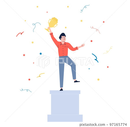 Businessman on podium hold gold cup full of coins. Business competition winner man. Vector person with trophy and confetti. Concept of success and reward 97165774