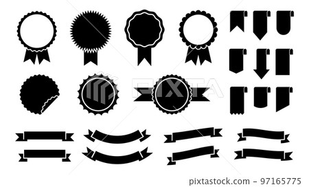 Black ribbons and badges, winner rosettes graphic silhouettes. Isolated decorative ribbon for banners, flyers. Business, competition, education vector elements Black ribbons and badges, winner rosettes graphic silhouettes. Isolated decorative ribbon for banners, flyers. Business, competition, education vector elements 97165775