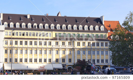 MUNICH, GERMANY - 12 OCT 2015: Exterior view of the Alois Dallmayr Haus in downtown Munich. Dallmayr is a German delicatessen and one of the best-known German coffee brands 97165809
