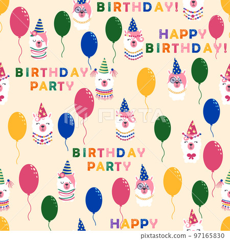Seamless pattern with llama, alpaca faces. Birthday theme. Caps, balloons, inscription happy birthday 97165830