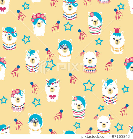 Seamless pattern with llama, alpaca faces. Cute drawings of llama head with hearts, inscription, mountains, cacti, star, dreamcatcher Seamless pattern with llama, alpaca faces. Cute drawings of llama head with hearts, inscription, mountains, cacti, star, dreamcatcher 97165843
