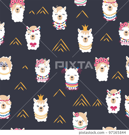 Seamless pattern with llama, alpaca faces. Cute drawings of llama head with hearts, inscription, mountains, cacti, star, dreamcatcher Seamless pattern with llama, alpaca faces. Cute drawings of llama head with hearts, inscription, mountains, cacti, star, dreamcatcher 97165844