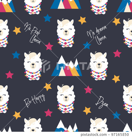 Seamless pattern with llama, alpaca faces. Cute drawings of llama head with hearts, inscription, mountains, cacti, star, dreamcatcher 97165850