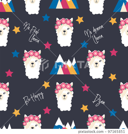 Seamless pattern with llama, alpaca faces. Cute drawings of llama head with hearts, inscription, mountains, cacti, star, dreamcatcher 97165851