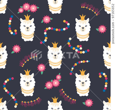 Seamless pattern with llama, alpaca faces. Cute drawings of llama head with hearts, inscription, mountains, cacti, star, dreamcatcher 97165852