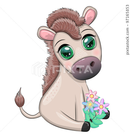 Cute donkey in flowers, with balloons, spring theme. Postcard for the holiday 97165853