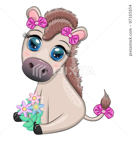 Cute donkey in flowers, with balloons, spring theme. Postcard for the holiday Cute donkey in flowers, with balloons, spring theme. Postcard for the holiday 97165854