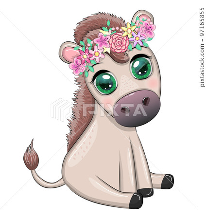 Cute donkey in flowers, with balloons, spring theme. Postcard for the holiday Cute donkey in flowers, with balloons, spring theme. Postcard for the holiday 97165855