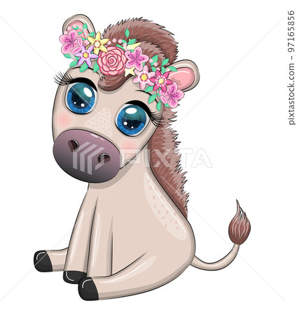 Cute donkey in flowers, with balloons, spring theme. Postcard for the holiday Cute donkey in flowers, with balloons, spring theme. Postcard for the holiday 97165856