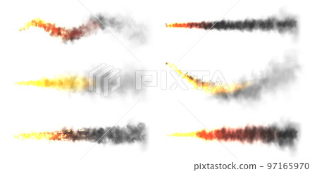 Realistic black smoke with fire, space rocket launch trails. Fire burst, explosion. Missile or bullet trail. Jet aircraft tracks. Smoke clouds, fog. Steam flow. Vector illustration Realistic black smoke with fire, space rocket launch trails. Fire burst, explosion. Missile or bullet trail. Jet aircraft tracks. Smoke clouds, fog. Steam flow. Vector illustration 97165970
