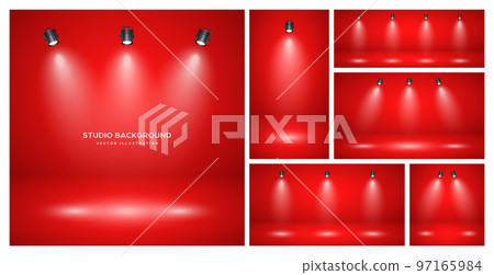 Empty red studio abstract backgrounds with spotlights. Product showcase backdrop with spotlight effect. Stage lighting. Vector illustration Empty red studio abstract backgrounds with spotlights. Product showcase backdrop with spotlight effect. Stage lighting. Vector illustration 97165984