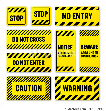 Various black and yellow warning signs with diagonal lines. Attention, danger or caution sign, construction site signage. Realistic notice signboard, warning banner, road shield. Vector illustration Various black and yellow warning signs with diagonal lines. Attention, danger or caution sign, construction site signage. Realistic notice signboard, warning banner, road shield. Vector illustration 97165992