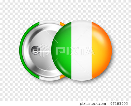 Realistic button badge with printed Irish flag. Souvenir from Ireland. Glossy pin badge with shiny metal clasp. Product mockup for advertising and promotion. Vector illustration 97165993