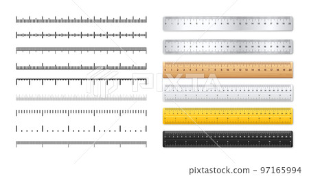 Realistic metal and plastic rulers. Measurement scales with divisions. Scale for measuring length or height in centimeters, inches. Ruler, tape measure marks, size indicators. Vector illustration Realistic metal and plastic rulers. Measurement scales with divisions. Scale for measuring length or height in centimeters, inches. Ruler, tape measure marks, size indicators. Vector illustration 97165994