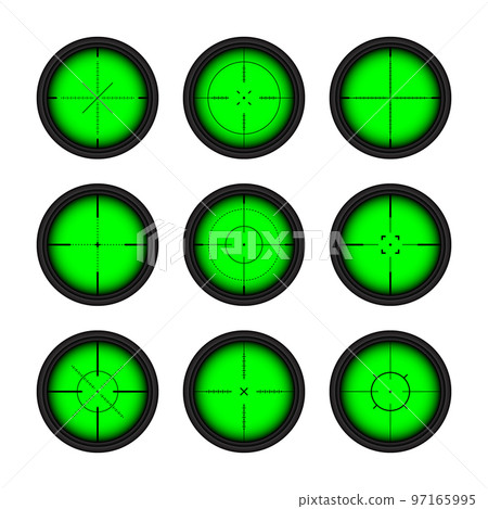 Various weapon night sights, sniper rifle optical scopes. Hunting gun viewfinder with crosshair. Aim, shooting mark symbol. Military target sign, silhouette. Game UI element. Vector illustration Various weapon night sights, sniper rifle optical scopes. Hunting gun viewfinder with crosshair. Aim, shooting mark symbol. Military target sign, silhouette. Game UI element. Vector illustration 97165995