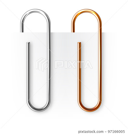 Realistic copper and steel paperclips attached to paper isolated on white background. Shiny metal paper clip, page holder, binder. Workplace office supplies. Vector illustration Realistic copper and steel paperclips attached to paper isolated on white background. Shiny metal paper clip, page holder, binder. Workplace office supplies. Vector illustration 97166005