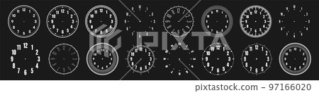 Mechanical clock faces with arabic numerals, bezel. White watch dial with minute, hour marks and numbers. Timer or stopwatch element. Blank measuring circle scale with divisions. Vector illustration 97166020