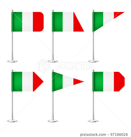 Realistic various Italian table flags on a chrome steel pole. Souvenir from Italy. Desk flag made of paper or fabric, shiny metal stand. Mockup for promotion and advertising. Vector illustration Realistic various Italian table flags on a chrome steel pole. Souvenir from Italy. Desk flag made of paper or fabric, shiny metal stand. Mockup for promotion and advertising. Vector illustration 97166026