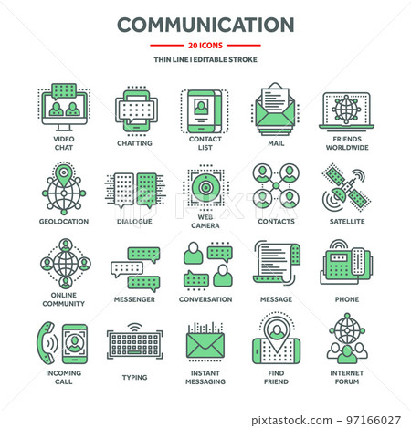 Communication, social media and online chatting. SMS, phone call, messaging in smartphone messenger application. Computing, email web services support. Thin line icons set. Vector illustration 97166027