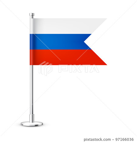 Realistic Russian table flag on a chrome steel pole. Souvenir from Russia. Desk flag made of paper or fabric and shiny metal stand. Mockup for promotion and advertising. Vector illustration Realistic Russian table flag on a chrome steel pole. Souvenir from Russia. Desk flag made of paper or fabric and shiny metal stand. Mockup for promotion and advertising. Vector illustration 97166036