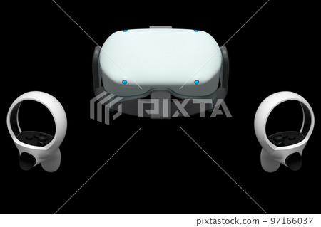 Virtual reality glasses and controllers for online gaming on black background Virtual reality glasses and controllers for online gaming on black background 97166037