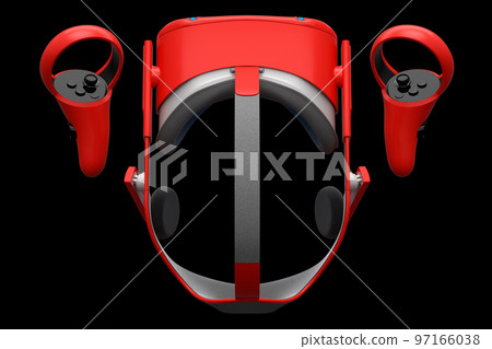 Virtual reality glasses and controllers for online gaming on black background Virtual reality glasses and controllers for online gaming on black background 97166038