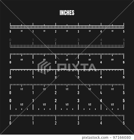 Realistic white inch scale for measuring length or height. Various measurement scales with divisions. Ruler, tape measure marks, size indicators. Vector illustration Realistic white inch scale for measuring length or height. Various measurement scales with divisions. Ruler, tape measure marks, size indicators. Vector illustration 97166080