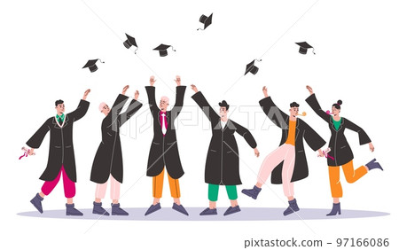 Tossing caps in air. College graduates throw up academic caps. Students ending education. Certified specialists in robes. University graduation. People team congratulation. Vector concept Tossing caps in air. College graduates throw up academic caps. Students ending education. Certified specialists in robes. University graduation. People team congratulation. Vector concept 97166086