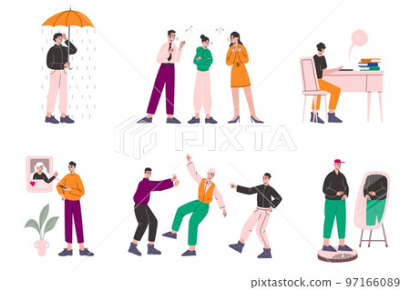 Teenagers problems. Introvert men and women in despair. People unhappy emotions. Teens worries and complexes. Suffer from bullying or loneliness. Vector teenage alarms and causes set 97166089