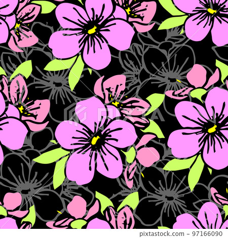 seamless pattern of pink silhouettes and gray contours of flowers on a black background, texture, design 97166090