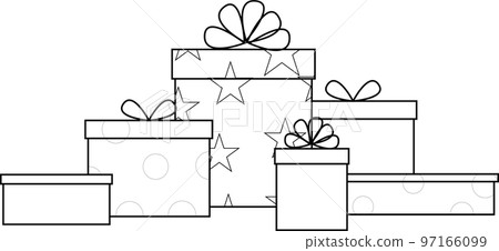 black and white graphic simple drawing of gift boxes of different sizes, isolated element, decor black and white graphic simple drawing of gift boxes of different sizes, isolated element, decor 97166099