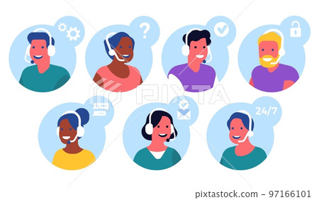 Support operator icons. Clients care. Assistance service. People faces. Agent professional help. Chatbot and web hotline. Assistants with headphones. Call center. Vector consultants set Support operator icons. Clients care. Assistance service. People faces. Agent professional help. Chatbot and web hotline. Assistants with headphones. Call center. Vector consultants set 97166101
