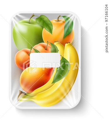 Product trays with fruits and vegetables. Realistic full retail container with blank label. Fresh apricots. Apple and bananas. Pear with leaf. Supermarket merchandise. Vector 3D food box 97166104