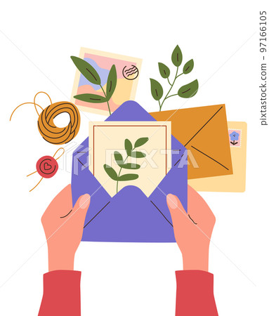 Postal envelopes in hands. Human arms write letters and sign postcards. Table top view. Sending invitations. Wax seals or postage stamps. Receive post correspondence. Vector illustration 97166105