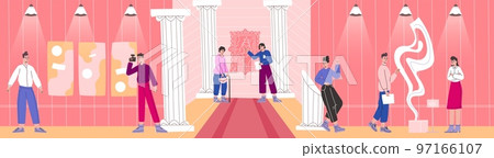 People in exhibition hall. Museum visitors view sculptures and paintings. Art showpieces in interiors. Cultural heritage. Persons look at modern statues and pictures. Vector concept 97166107